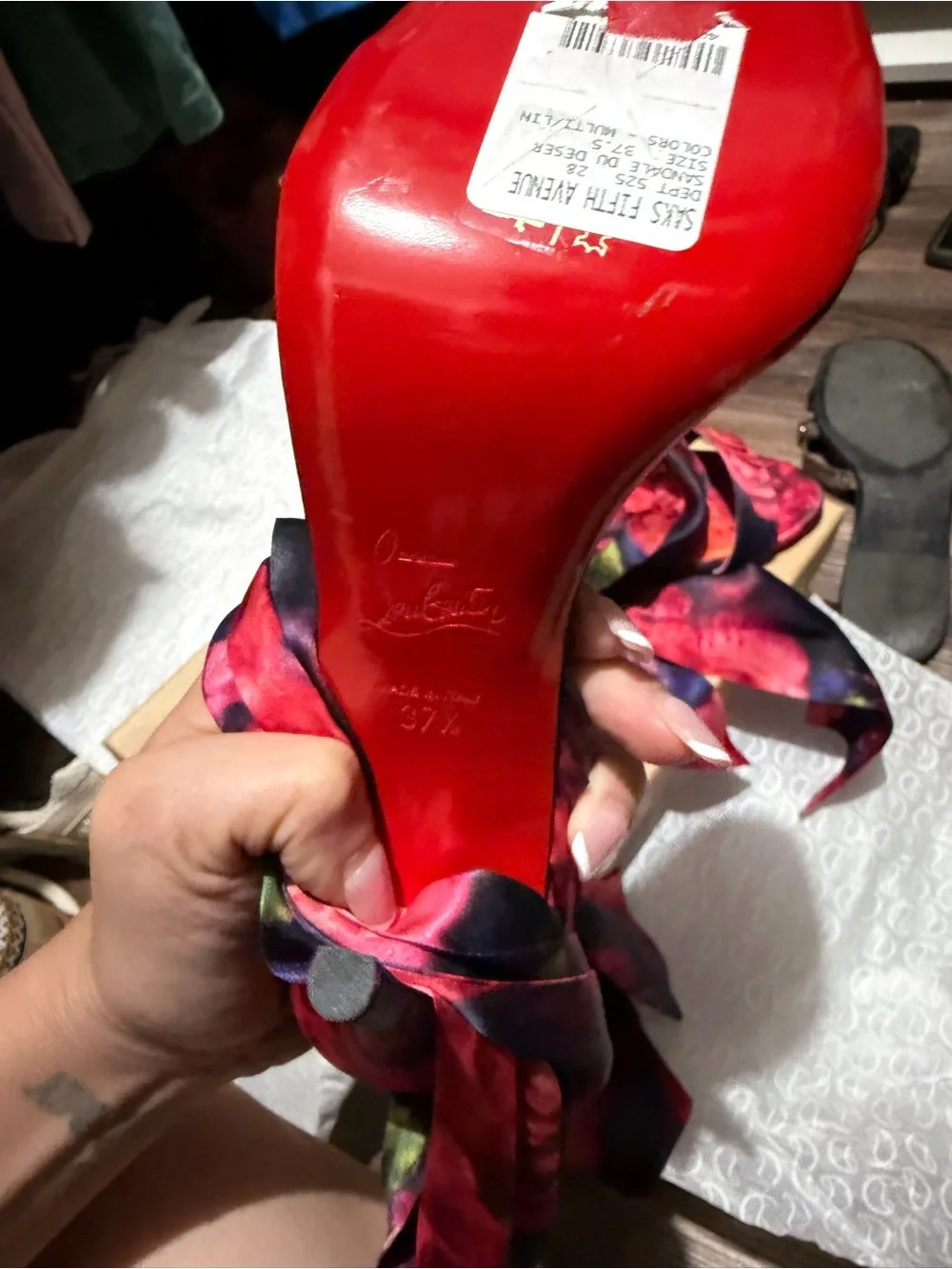 Christian Louboutin Red & Purple Floral Satin Wrap Heels
